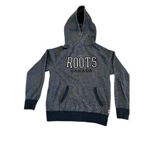 Roots Canada Hooded Sweatshirt Heathered Gray & Black Hoodie Velvet Letters M